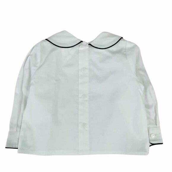 UNISEX-Long Sleeve White Cotton Shirt with Peter Pan Collar with RED TRIM - Picture 3 of 5